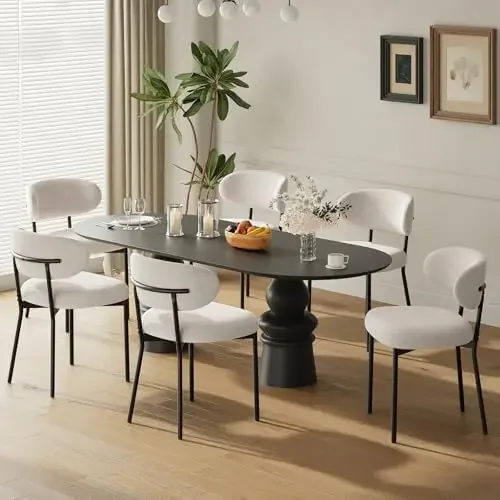 Upholstered Dining Chairs Set of 6, Modern Fabric Kitchen Chairs with Curved Backrest and Cushioned Seat, Sturdy Metal