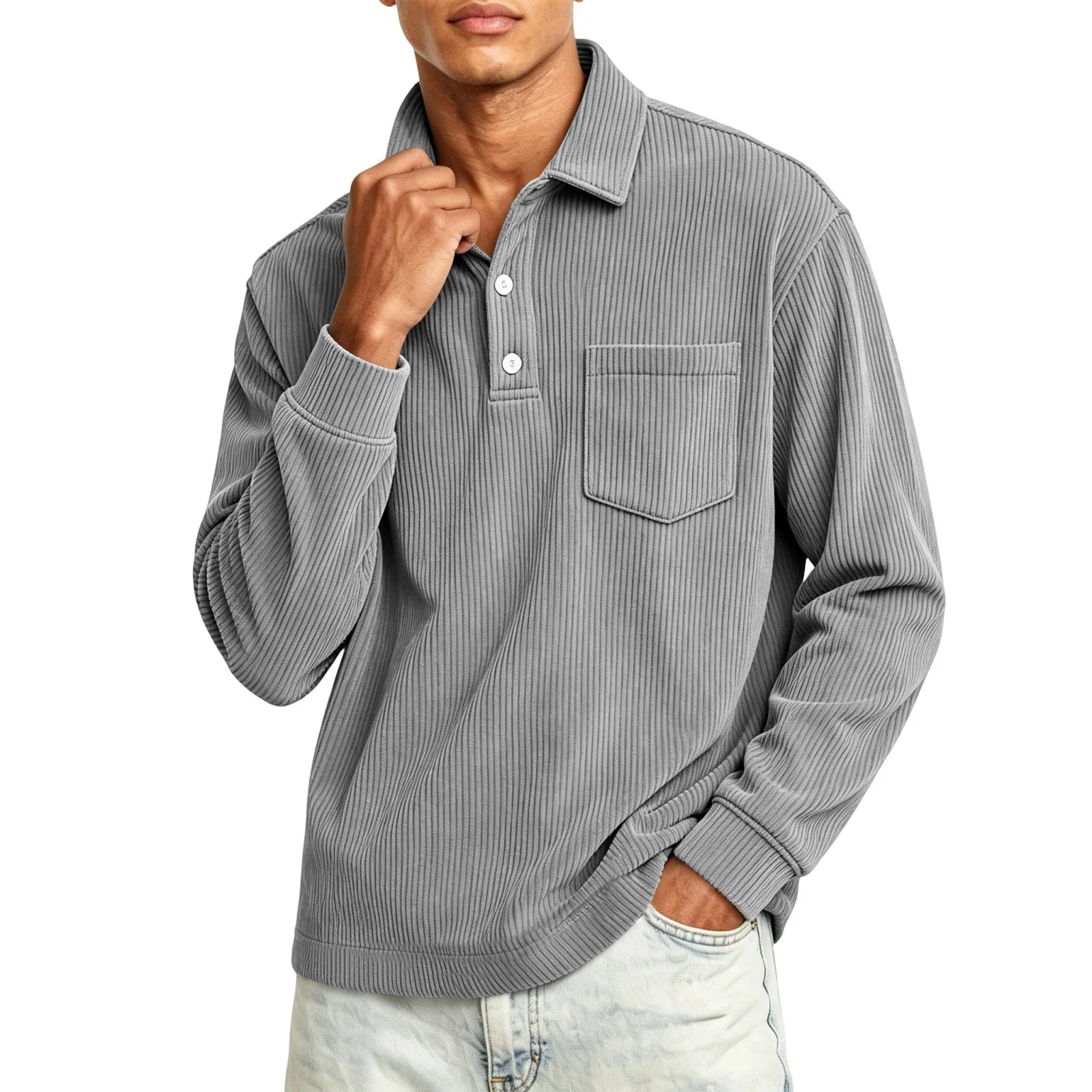 Men's Corduroy Striped Lapel Shirt Heavyweight Solid Color Button Up Casual Retro Shirts for Men Long Sleeve Streetwear Top