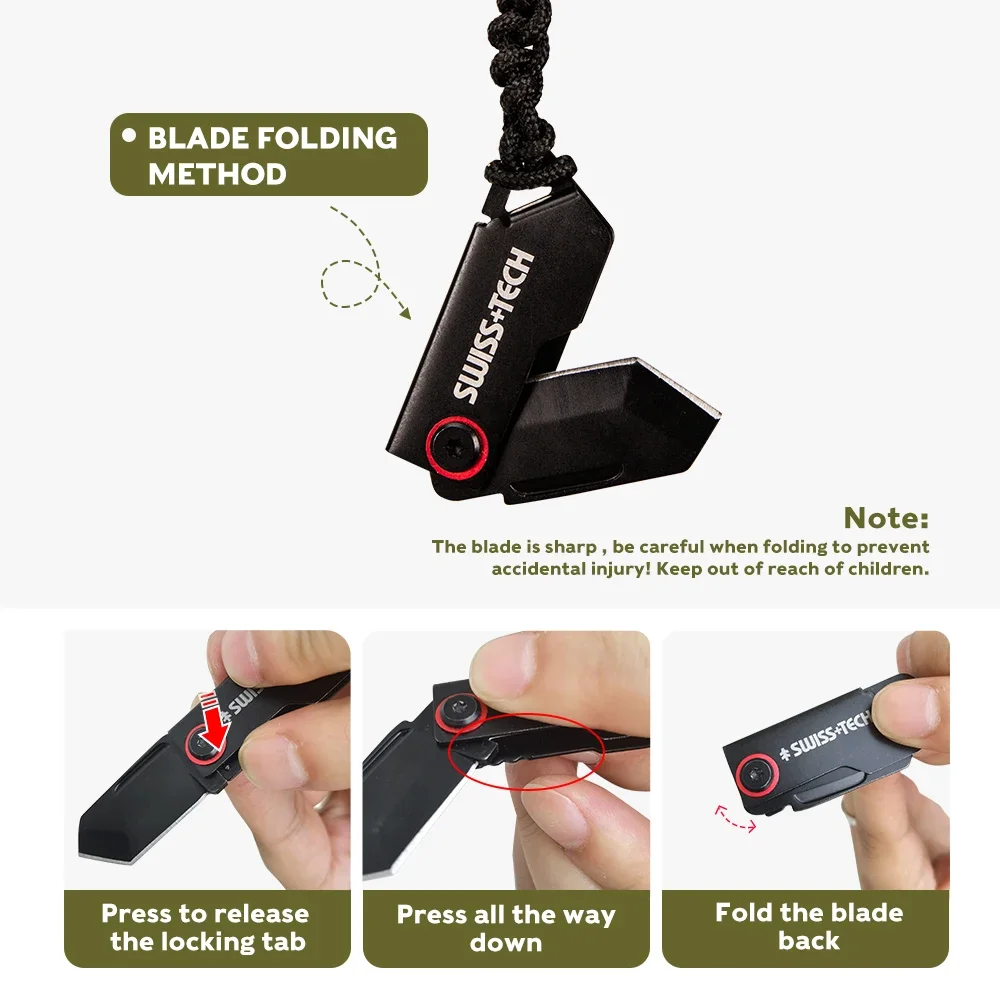 SWISS TECH Piccolo coltello pieghevole Portachiavi Mini coltelli tascabili per autodifesa EDC Utility Box Cutter Gadget Cordino portatile in corda