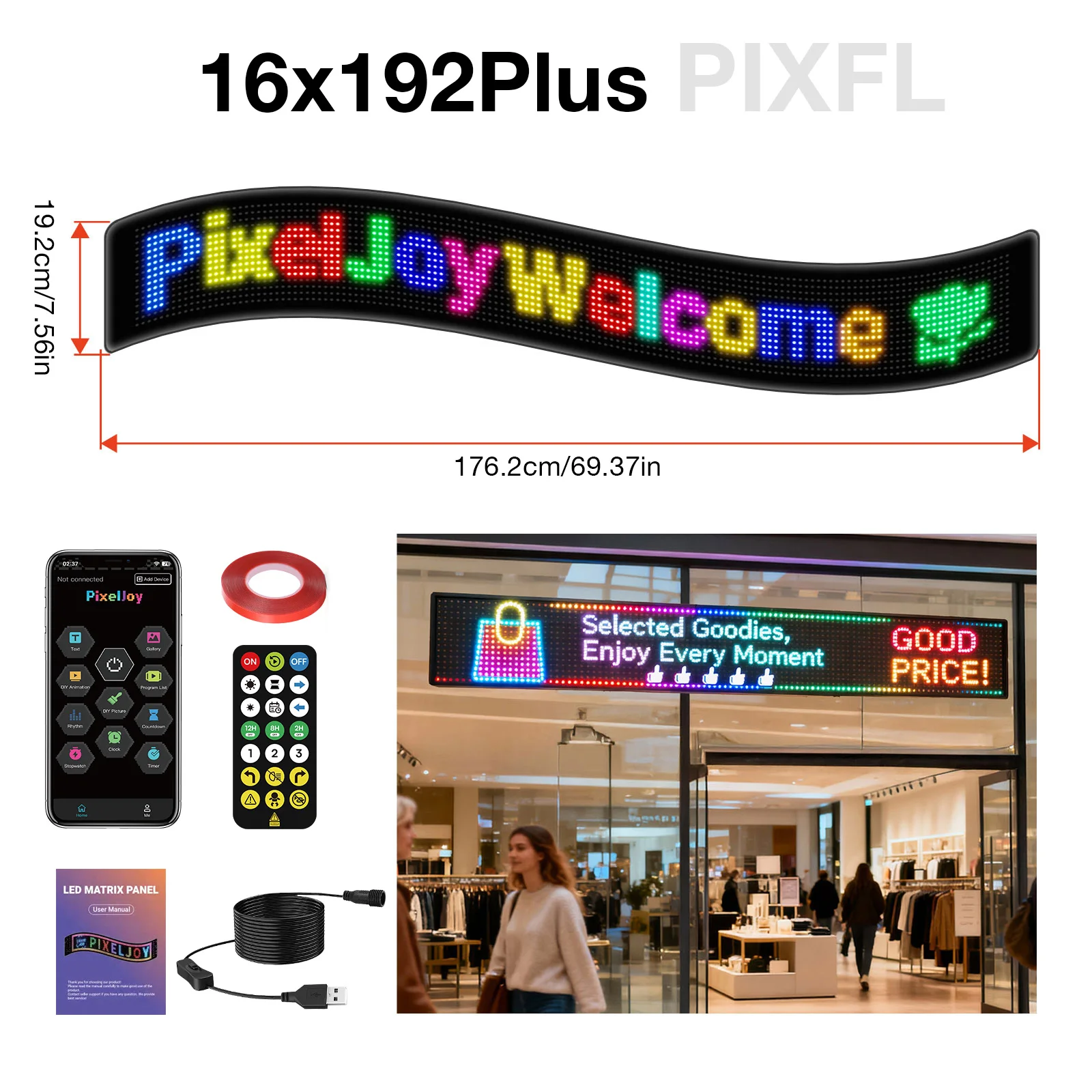 19.2x176.2cm Flexible RGB LED Sign,USB 5V Programmable Display,Custom Text Pattern Animation LED Screen For Car Home Shop