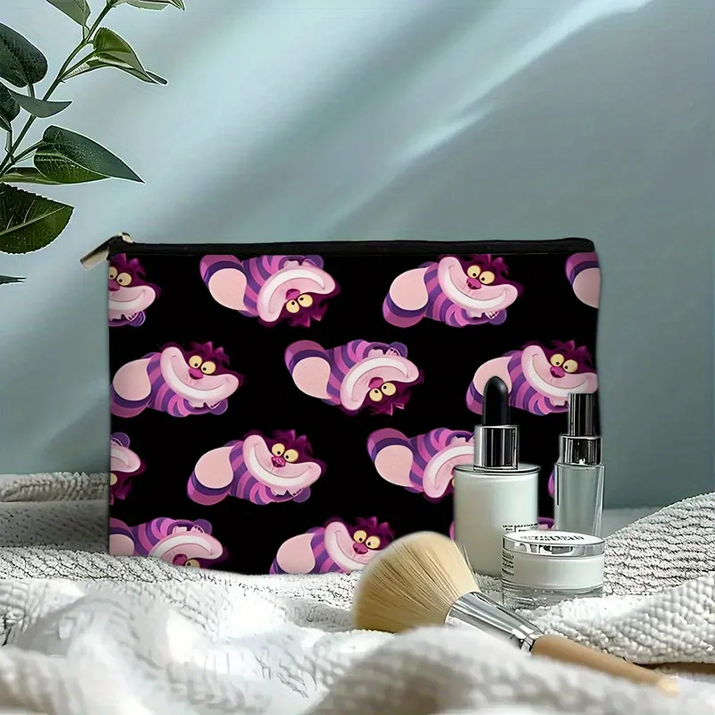 1 bolsa de maquiagem da disney, estampa fofa de gato cheshire – bolsa multifuncional fofa com zíper para mulheres, bolsa de armazenamento de joias, bolsa de armazenamento com zíper para viagem perfeita – presente de aniversário divertido