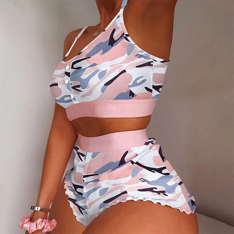 

Women's Sexy Pajama Print Set U-Neck Camisole Buckle Sleeveless Top and Shorts Women's Milk Silk Home Pajama Set