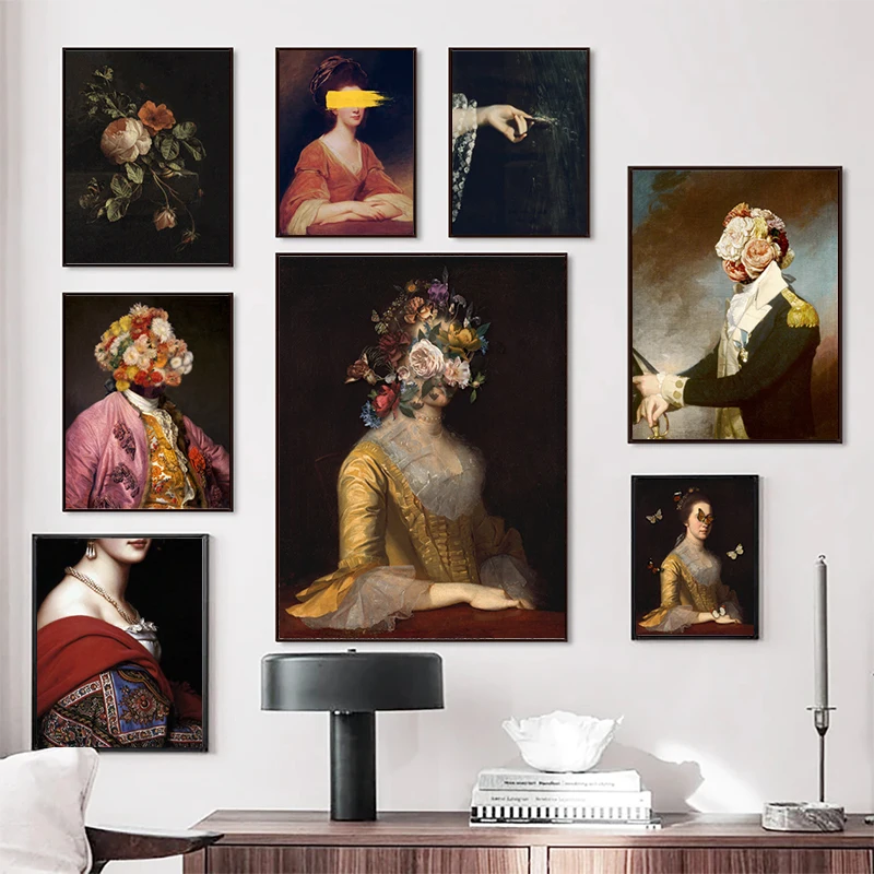 Altered Vintage Portrait Eclectic Print Maximal Art Canvas Painting Female Wall Surreal Rococo Baroque Poster Home Wall Decor