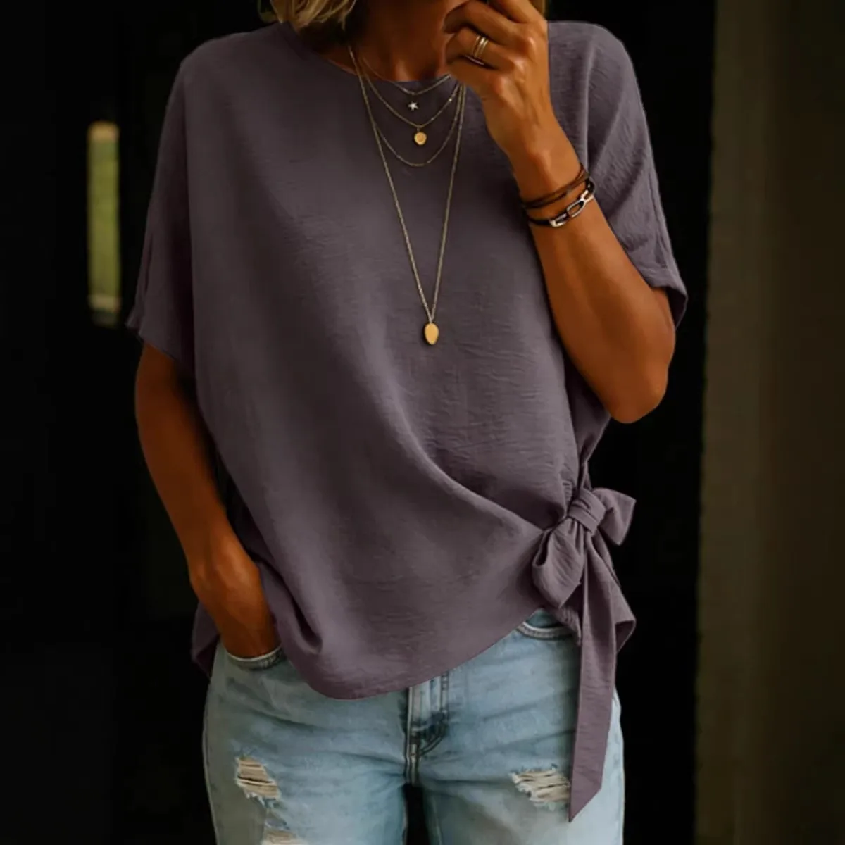 Women T Shirt Short Sleeve Loose Fit Cotton Blend T Shirts Light Blue T-shirt Side Knot Detail Tee Oversized Knotted Hem Round