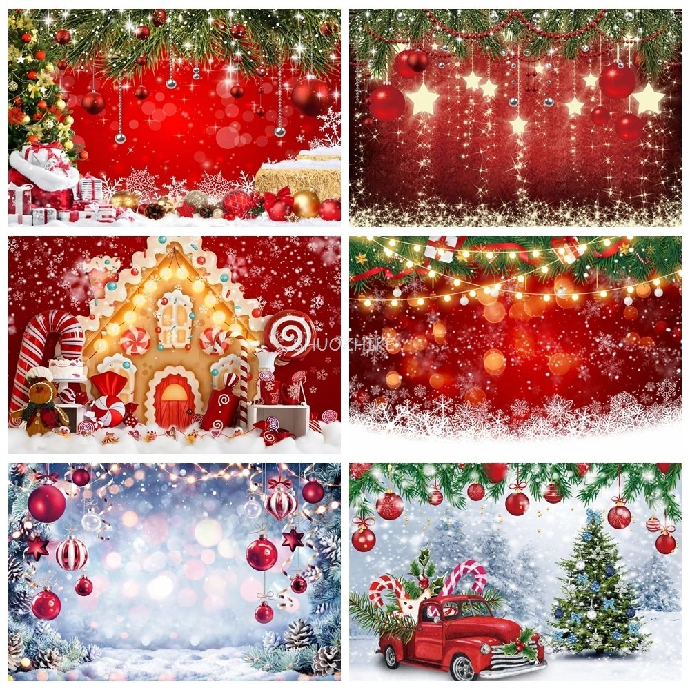 

Winter Christmas Red Ball Glitter Star Photography Backdrop Snowflake Xmas Tree Baby Family Portrait Holiday Decor Background