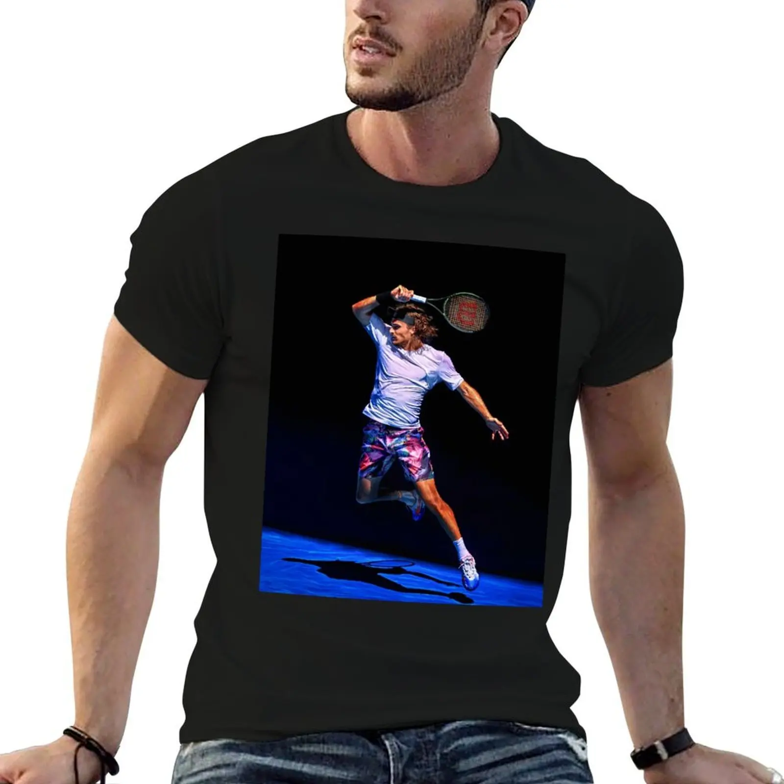 Stefanos Tsitsipas of Greece plays forehand at Australian Open 2023. Digital artwork print wall poster. Tennis fan art g T-Shirt
