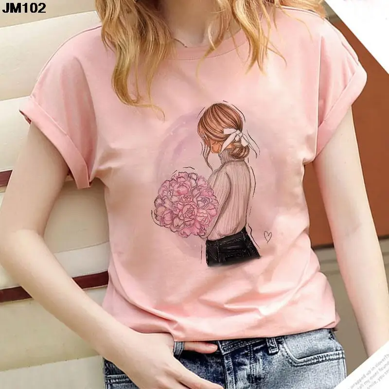 Casual Women's Top Short Sleeve T-shirt Summer Fashion Holding Flowers Girl Print Tshirt Harajuku Gothic Female Clothing T Shirt