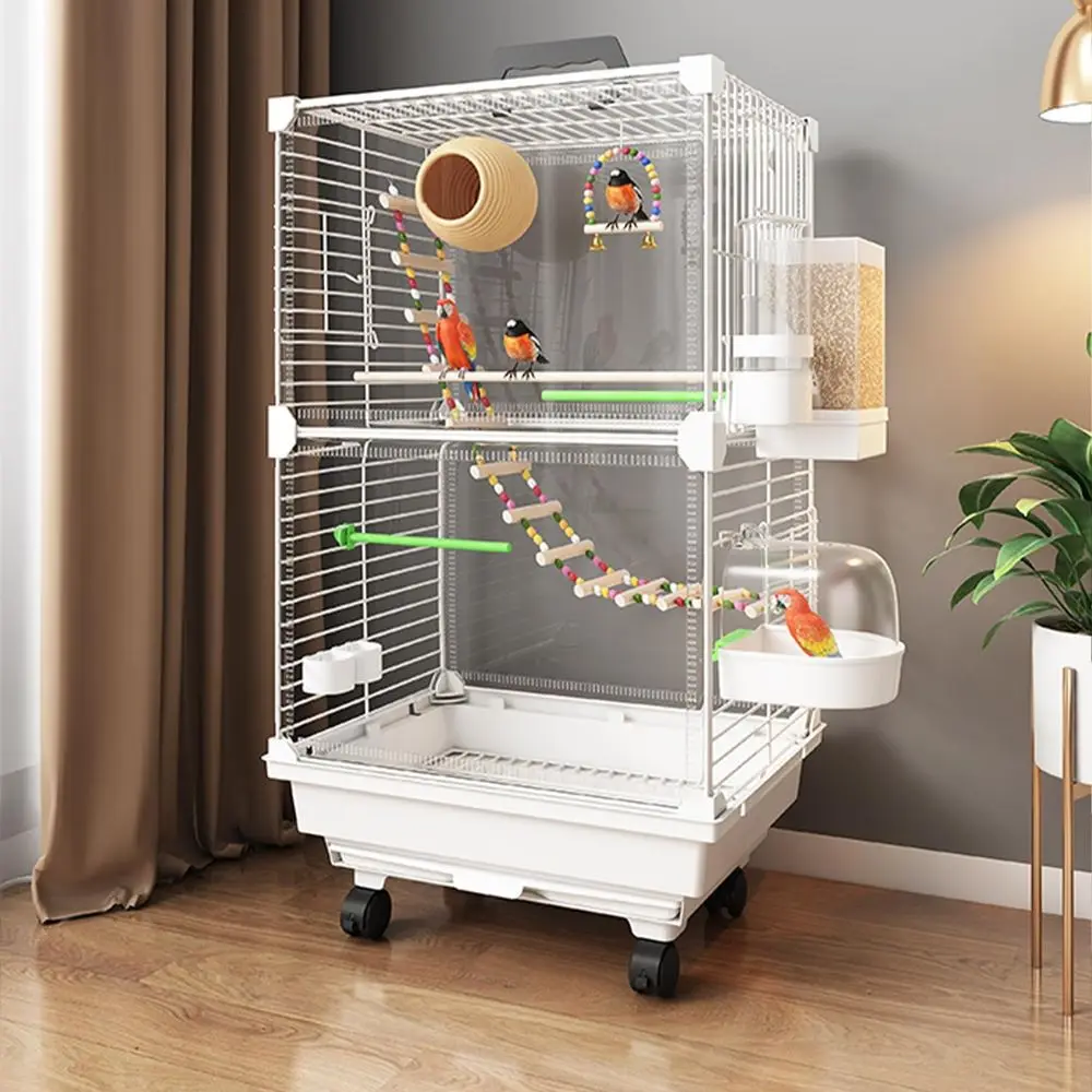 Large Parrot Cage with Acrylic Doors, 3-Tier Movable Birdcage Parakeet Cage w/Wheels, 360° View Spacious Interactive Bird House,