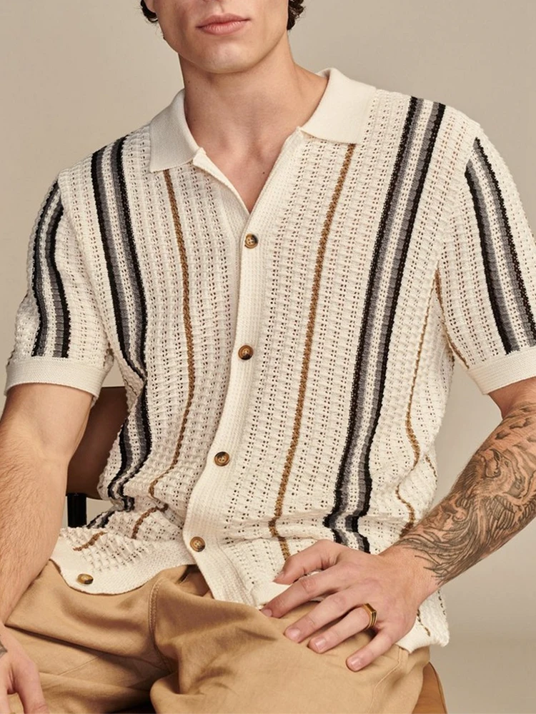 Luxury Mens Knitted Shirts Summer Breathable Slim Fit Short Sleeve Knit Casual Shirt Men Vintage Striped Crochet Knitting Shirt