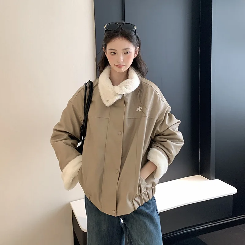 Winter Women Short Jackets Loose PU Leather Coat Faux Lamb Wool Collar Cuffs Thickened Warm Pockets Casual Retro Outerwear