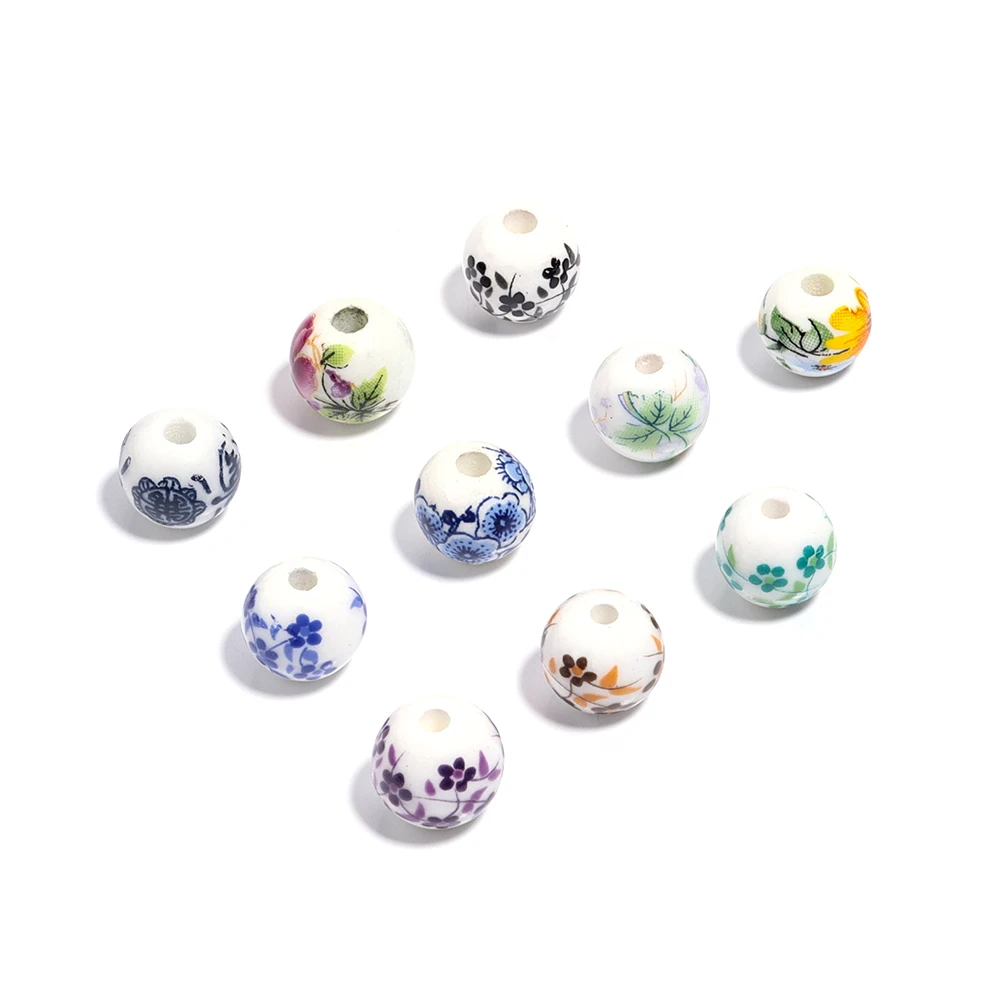 SAUVOO 50Pcs Handmade Blue And White Porcelain Beads 10mm Big Hole Flower Pattern Big Large Hole Ceramic Beads for DIY Jewelry