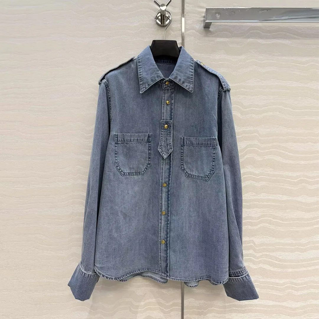 

2026 New Fashion Vintage Blue Denim Shirt Women Lapel Gold Buttons Long Sleeve Loose Casual Blouse
