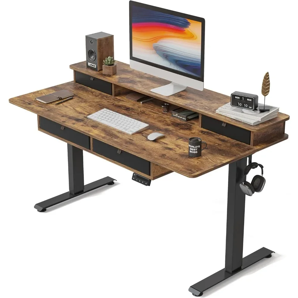 

Electric Standing Desk Adjustable Height with 4 Drawers, Sit Stand Desk with Storage Shelf, Rising Desk with Splice Board,