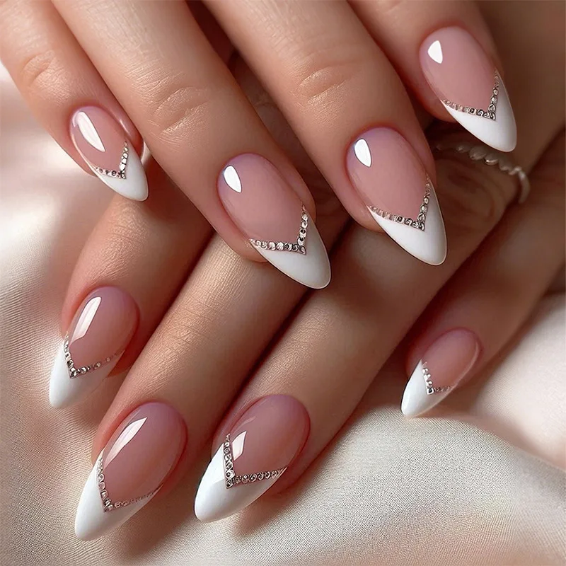 

24Pcs Mid-length French Almond Nails Set Press on WIth Simple Rhinestone Design Full Cover Fake Nails Tips Wearable False Nails