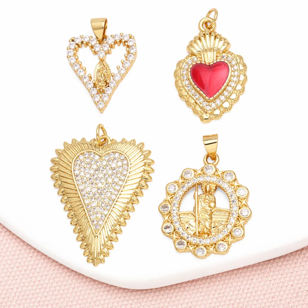 OCESRIO White Crystal Heart Pendant for Necklaces Copper Gold Plated Virgin Mary San Benito Jewelry Making Supplies pdtb763