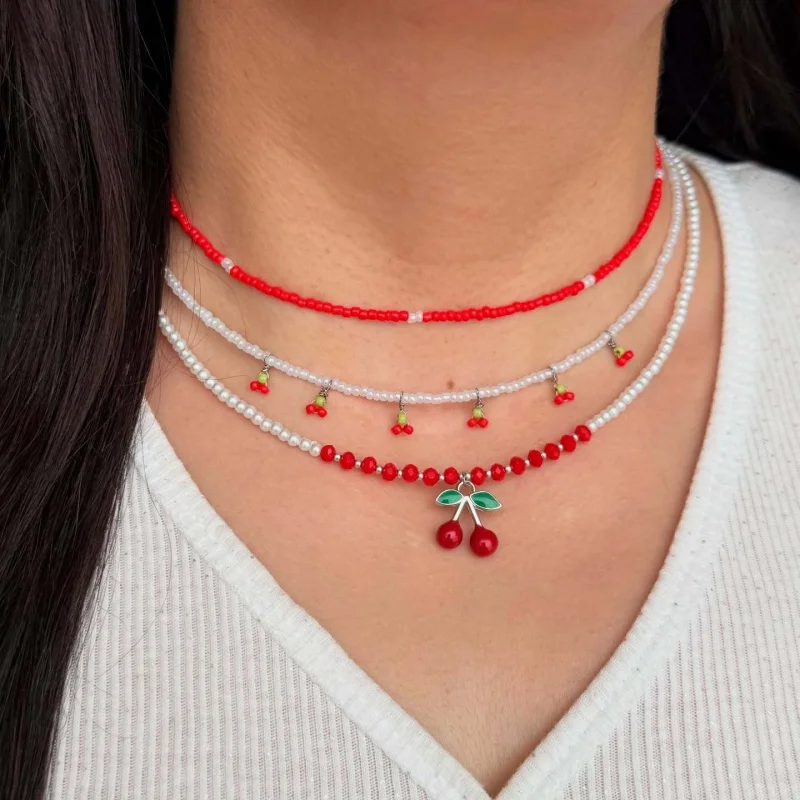 New Bohemian Cherry Necklace, Simple Summer Women's Beaded Necklace, Fashion Jewelry, Layered Accessory