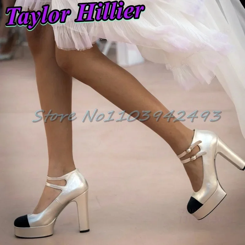 Black Silver Heels Patchwork Double Belt Pumps For Women Designer Luxury Shoes Ankle Buckle Strap Spring Summer Zapatos De Mujer
