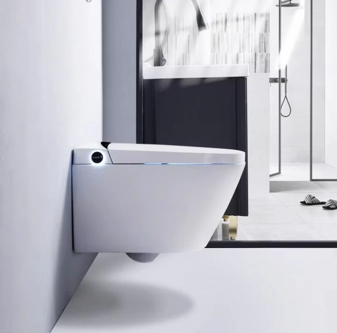 مجموعة مرحاض ذكية أوروبية حديثة مثبتة على الحائط، مرحاض كهربائي ذكي مع جدار خلفي تلقائي للحمام الحديث