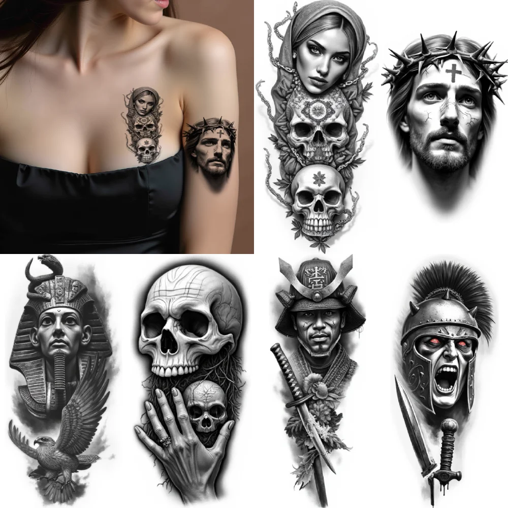 

12pcs Temporary Tattoo Portrait Tattoo Waterproof Long-lasting Body Stickers Skull Design Stylized Portraits For Arms Thighs