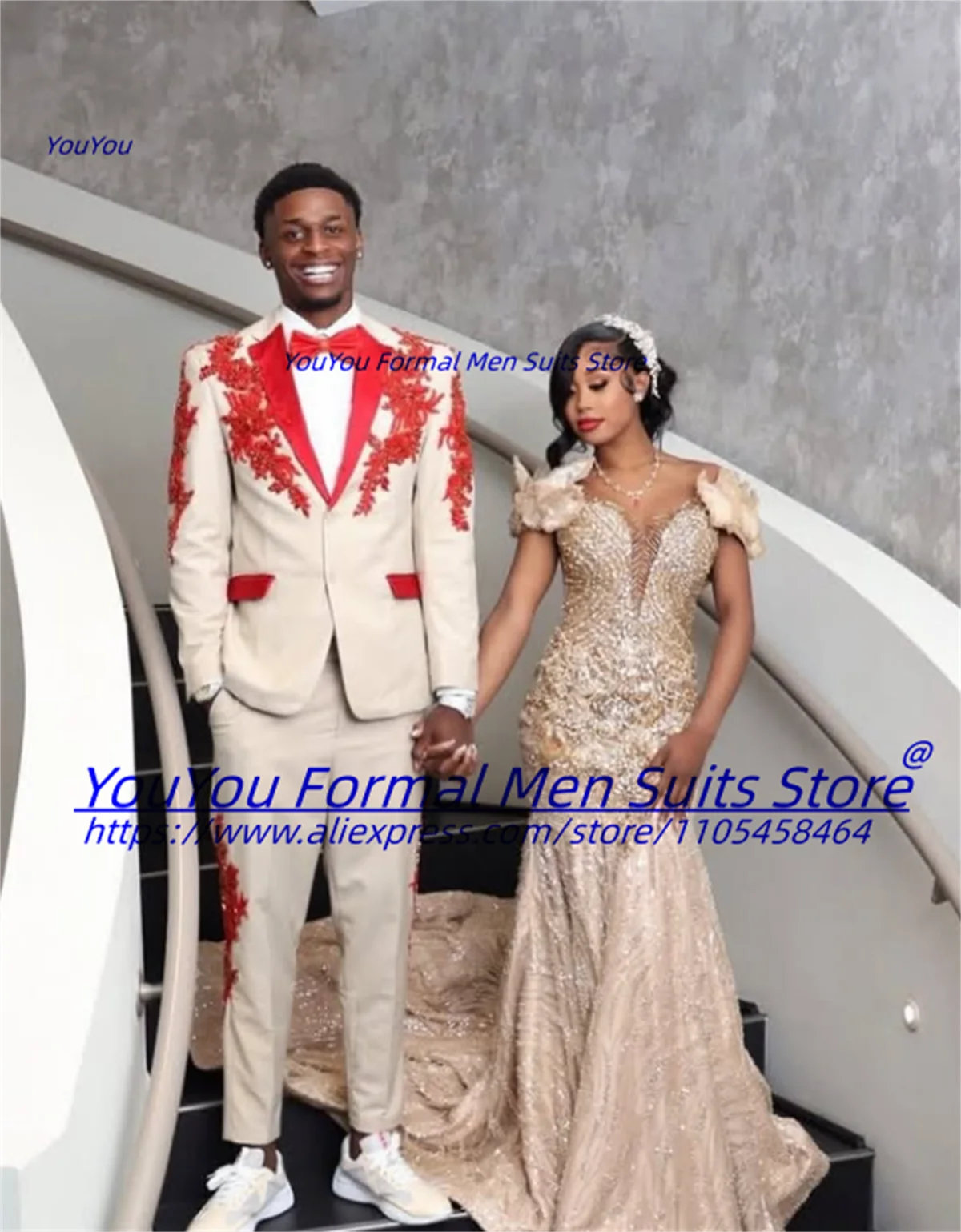 

Luxurious Beige Groom Wedding Tuxedos Customized Slim Fit Notched Lapel Men Suits Sparkling Rhinestone Embroidery Costume Homme