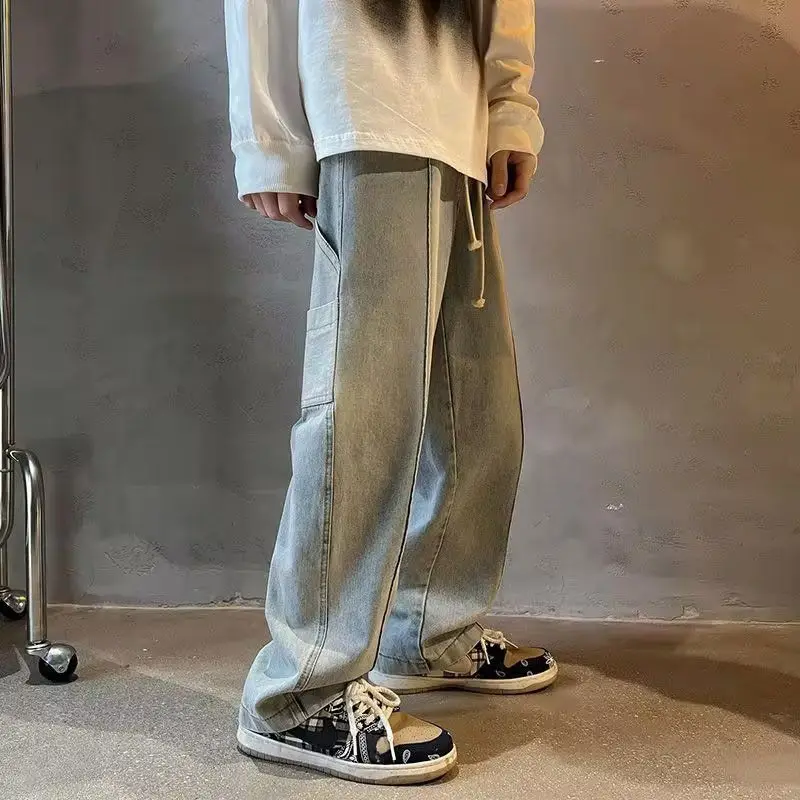 Men Spring Korean Style Loose Cargo Jeans Straight Leg Multi Pocket Work Pants Casual Denim Trousers