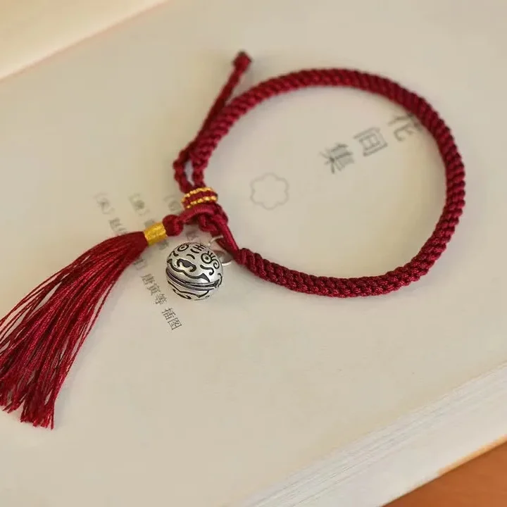 المنسوجة يدويا شرابة سوار للنساء ، S925 الفضة الاسترليني ، الذهب ابتلاع جرس السحر ، الأحمر حبل سوار ، نمط العرقية ، هدية