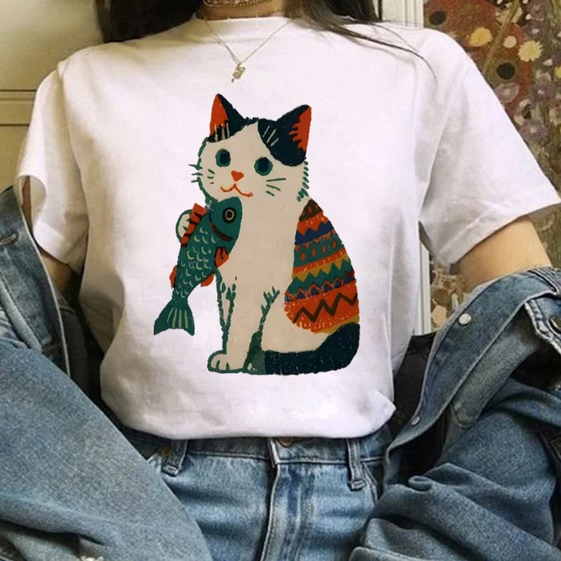 T-shirt modello stampa gatto da donna stile carino T-shirt bianca regolare con stampa superiore anni '90 T-shirt casual da donna con o-collo estivo Kawaii