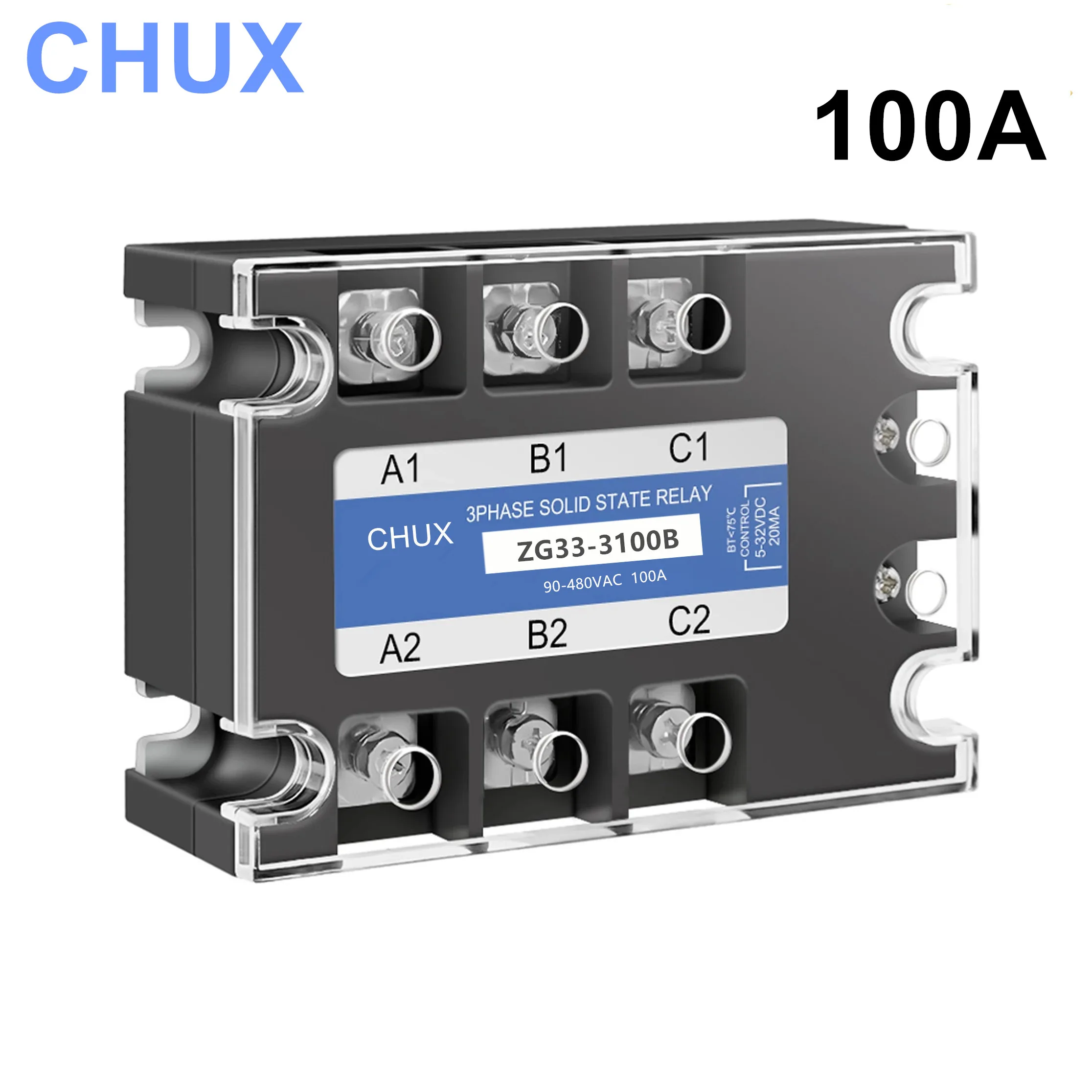 

CHUX Solid State Relay 100A Three Phases 90-480VAC Voltage SSR 3-32V DC Control AC (ZG33-3100B)