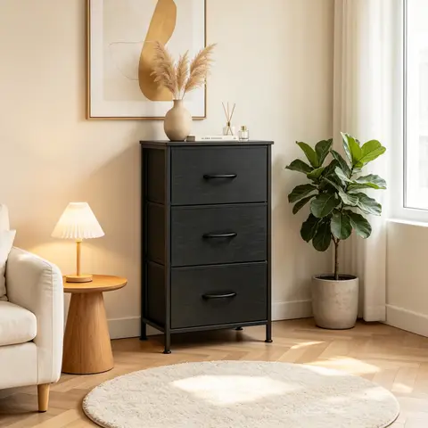 Large Capacity Storage Cabinet with 3 Drawers Fabric Dresser Black Metal Frame Storage Cabinet Removable Fabric Drawer Organizer Tall Storage Shelves Unit for Bedroom Home Furniture