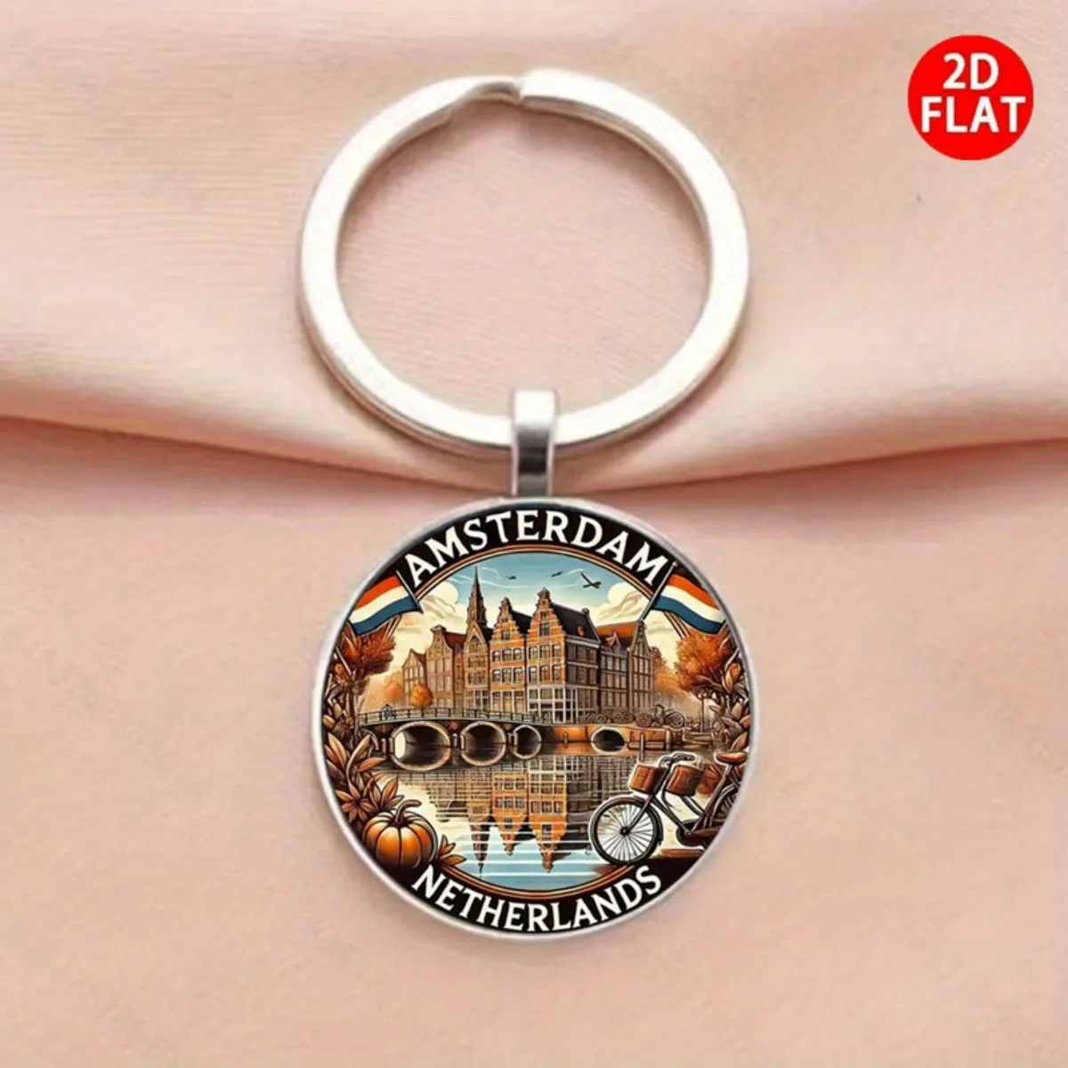 2D Flat Retro Dutch Landscape Keychain - Amsterdam Autumn Colors Design, Zinc Alloy Key Chain, Lightweight and Durable Accessory