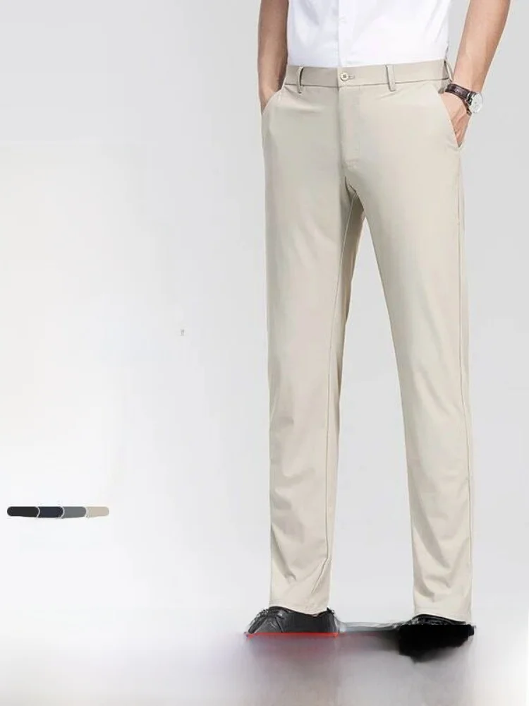 Cool Sensation Ice Silk High Elastic Comfortable Men's Summer Commuter Casual Pants Straight Leg Trendy Breathable Nylon