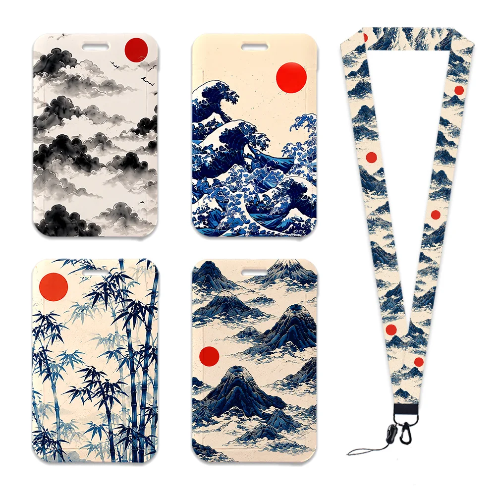 Japanese Style ID Card Holder With Lanyard Neck Strap Badge Reel Pass Card Cover Clear Window Credential Case Printed Lanyard