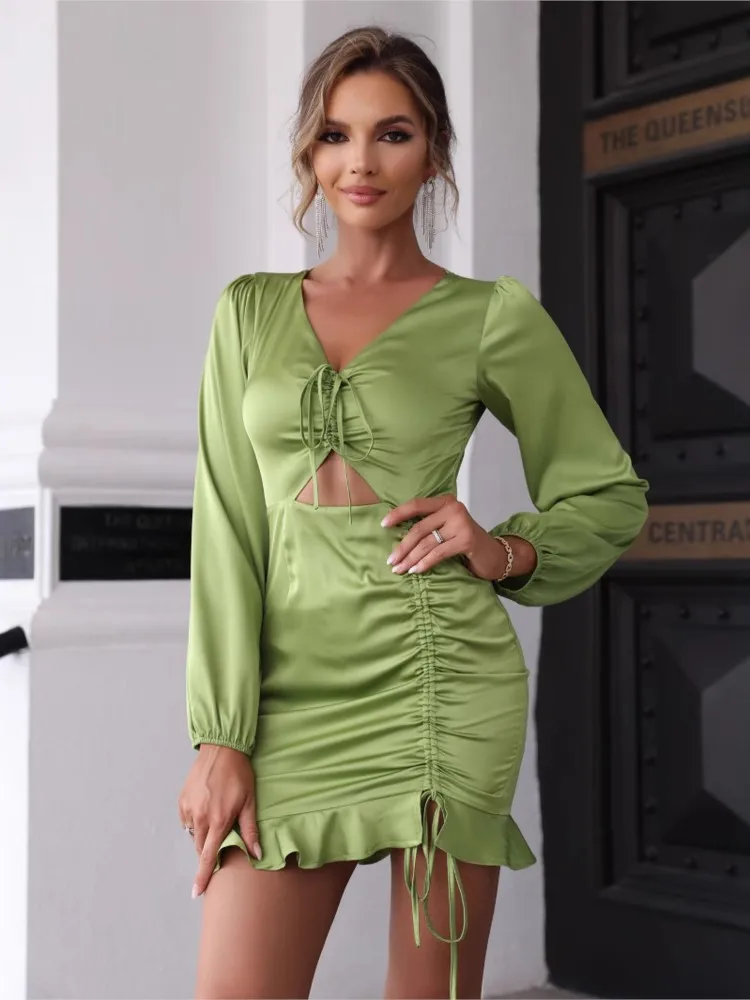 

Dresses For Woman Printed Sexy Bodycon package Hip Dress Hollow Out Elegant Vestidos Long Sleeves Leace-up Elegant Temperament