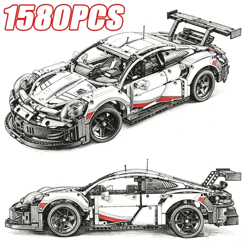 1580PCS 1:8 Scale RSR Race Car Building Blocks Set Advanced Assembly Challenge Vehicle Model Collectible Display Decoration Gift