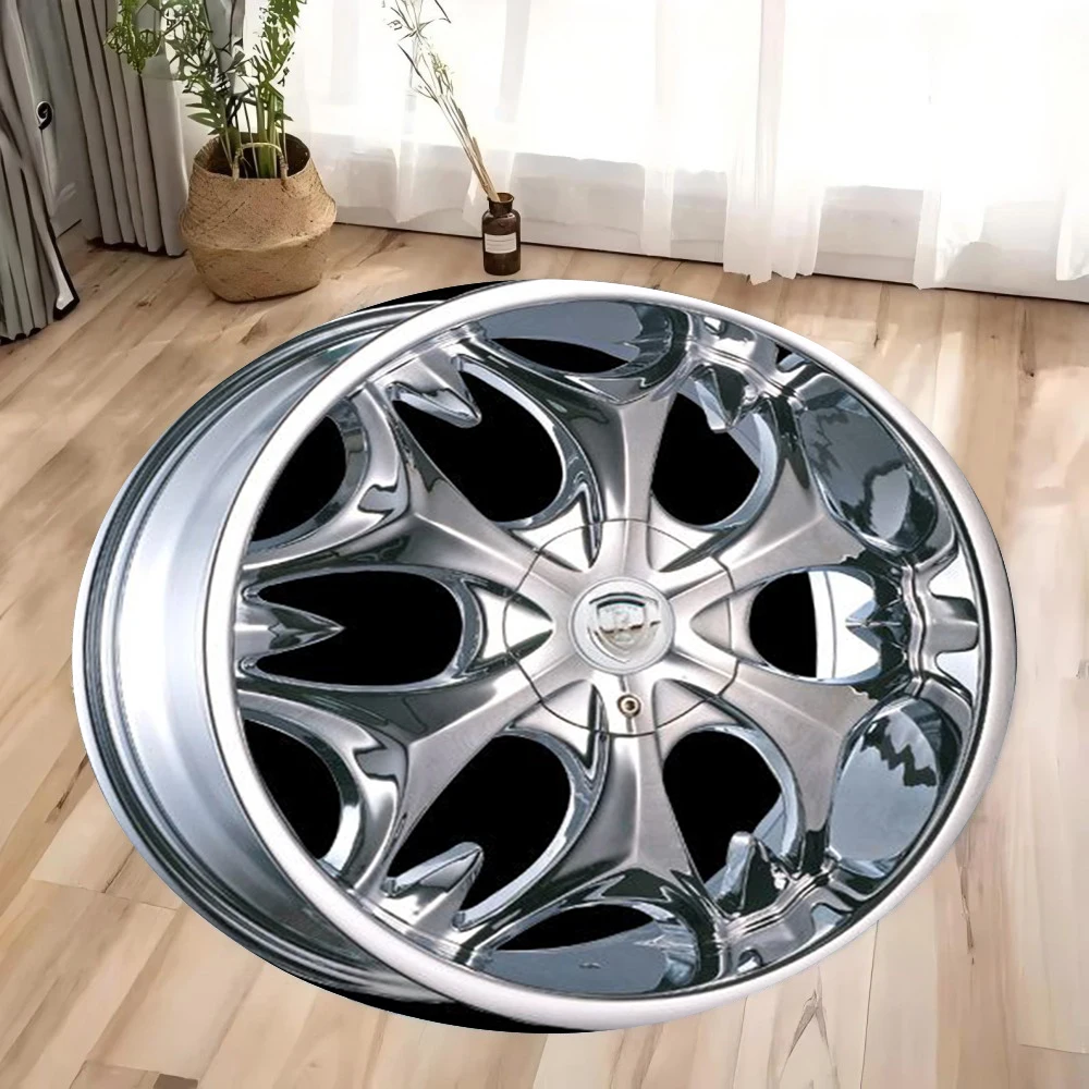 Crystal Velvet Car Wheels Print Round Rug – Soft Non-Slip Floor Mat for Living Room, Bedroom, Kitchen, Bathroom Home Decor