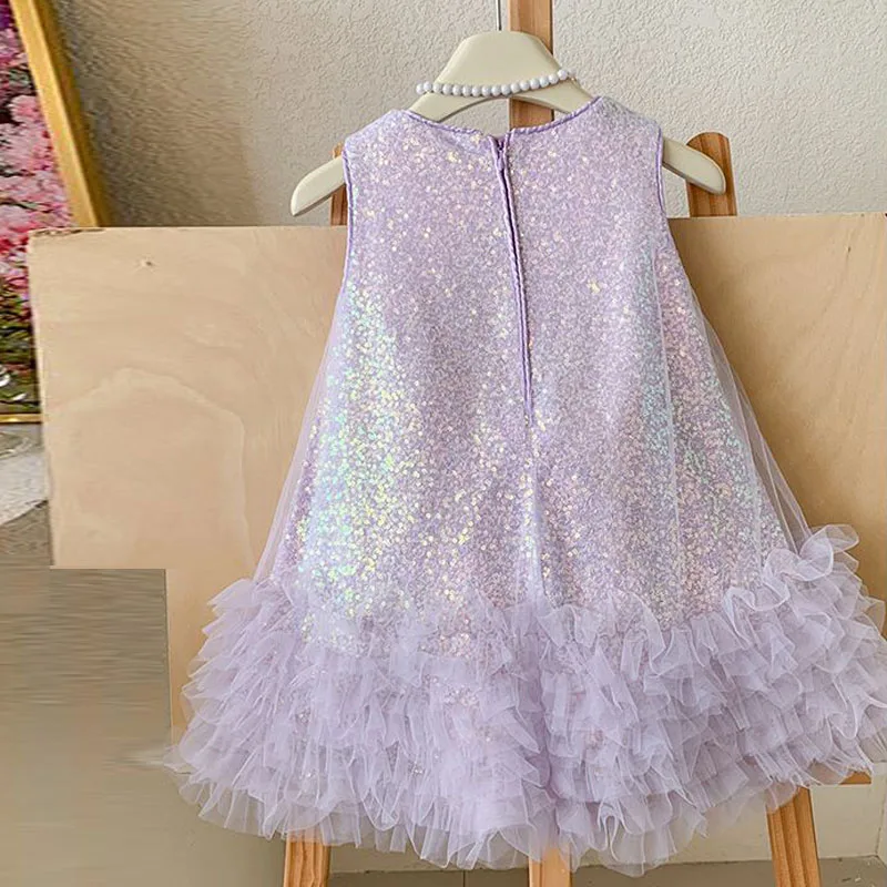 Princess Girls Sequined Dresses 2026 New Kids Purple Tulle Vestidos All Season Children Fashion Mesh Gown 2-10 Years Old