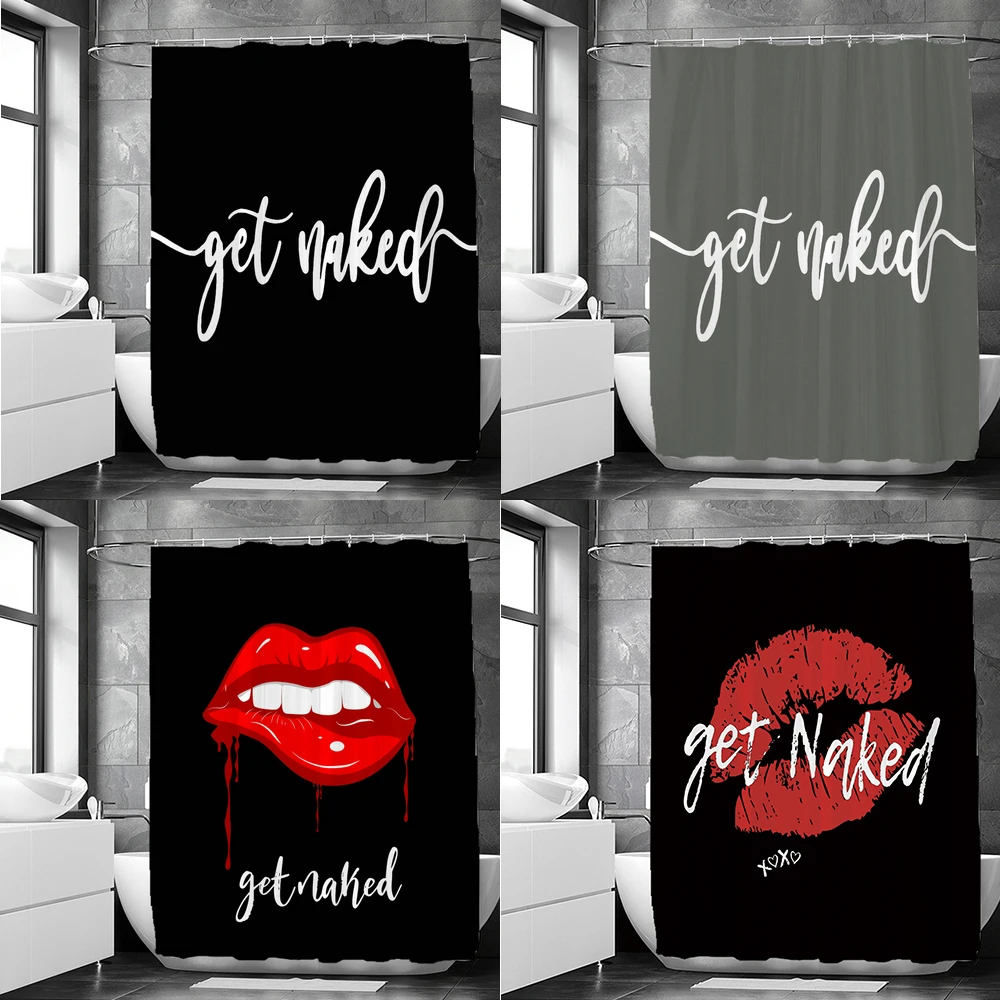 Black Theme Get Naked Decor Shower Curtain White Art Words Sexy Red lip Waterproof Polyester Fabric Bath Curtain With Hooks