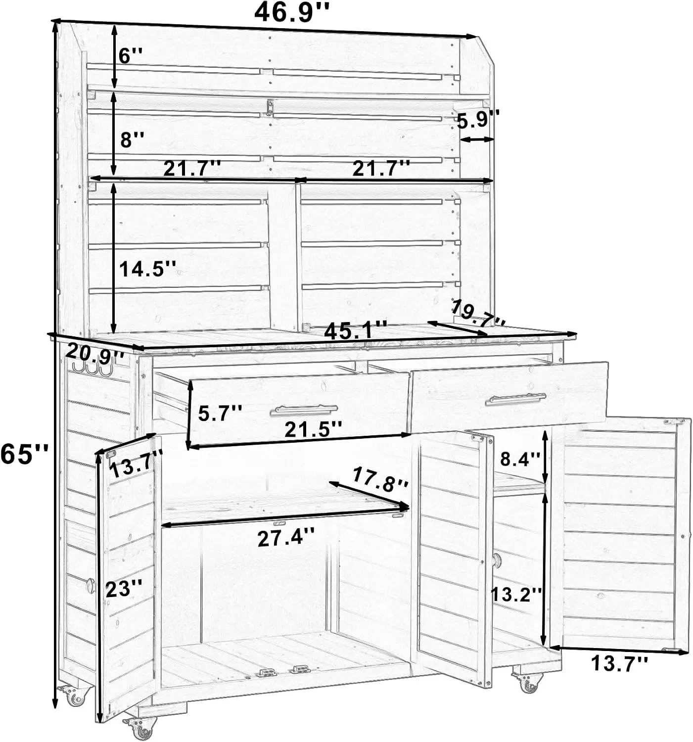 Multifunctional 3-in-1 Potting Bench Workstation with Storage & Wheels | Sturdy Fir Wood | Outdoor Garden, Patio, BBQ Prep Stati