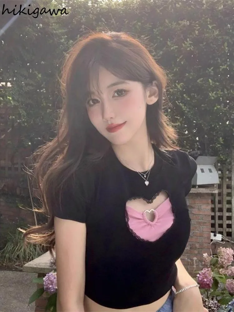 

Sexy Y2k Tshirts Crop Tops Summer Camisetas Women Clothing Fashion Korean Tees Hollow Out Tunic T-shirt Casual Sweet T Shirts