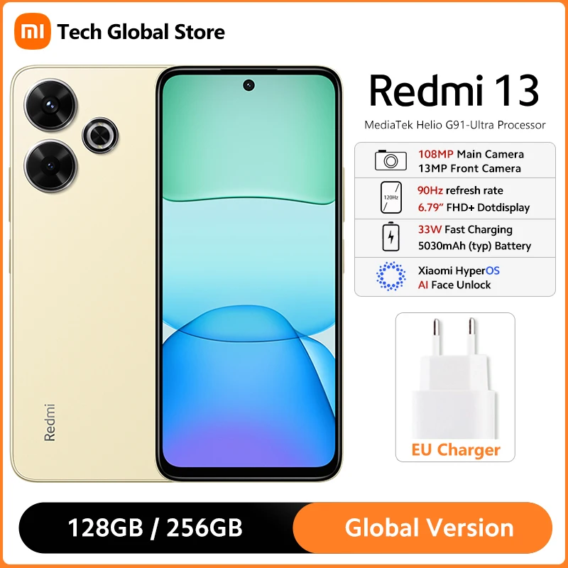 グローバルバージョン Xiaomi Redmi 13 スマートフォン 8GB 256GB MTK Helio G91-Ultra 6.79" 90Hz FHD+ DotDisplay 108MP カメラ 5030mAh バッテリー