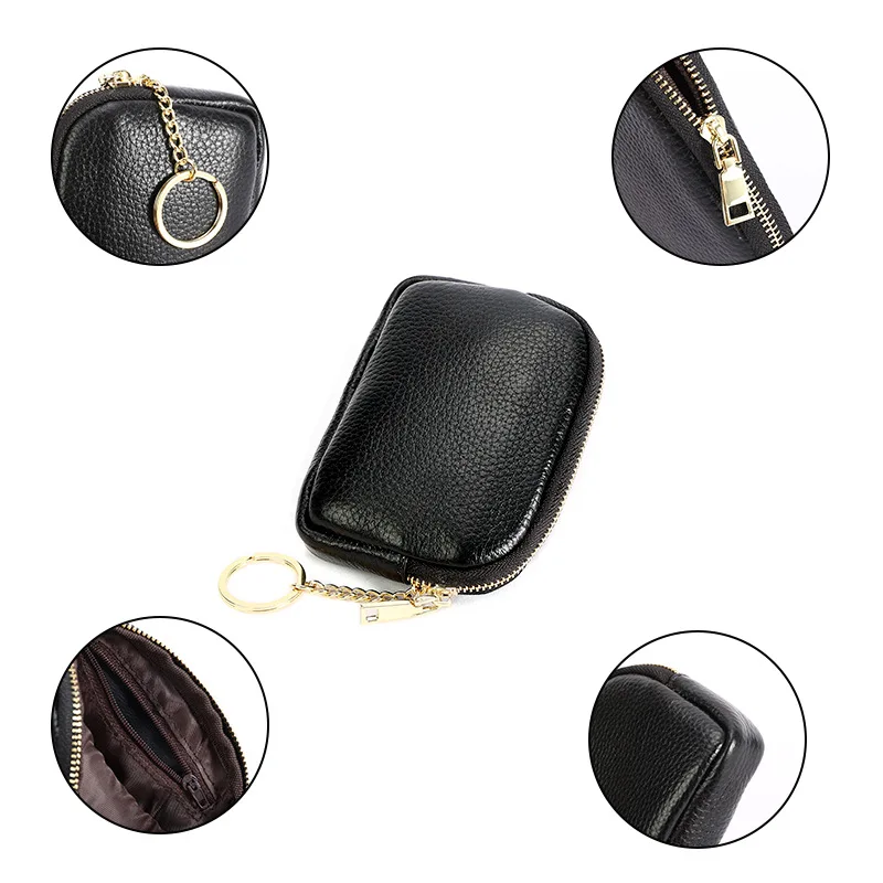 Cowhide Clutch Zipper Wallet for Women Genuine Minimalist Leather Mini Coin Purse with Keychain