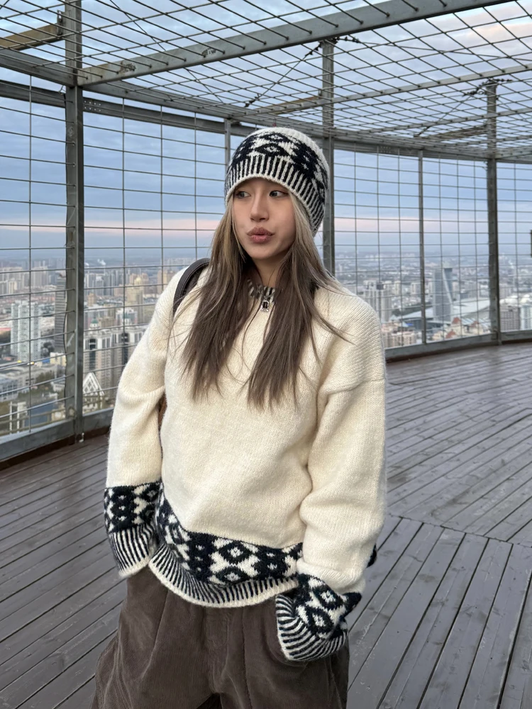 

Chuan Chuan Ya American Lazy Sle Fair Isle Knitted Sweater Women's Autumn Winter New High-End Feeling round Ne Knitwear