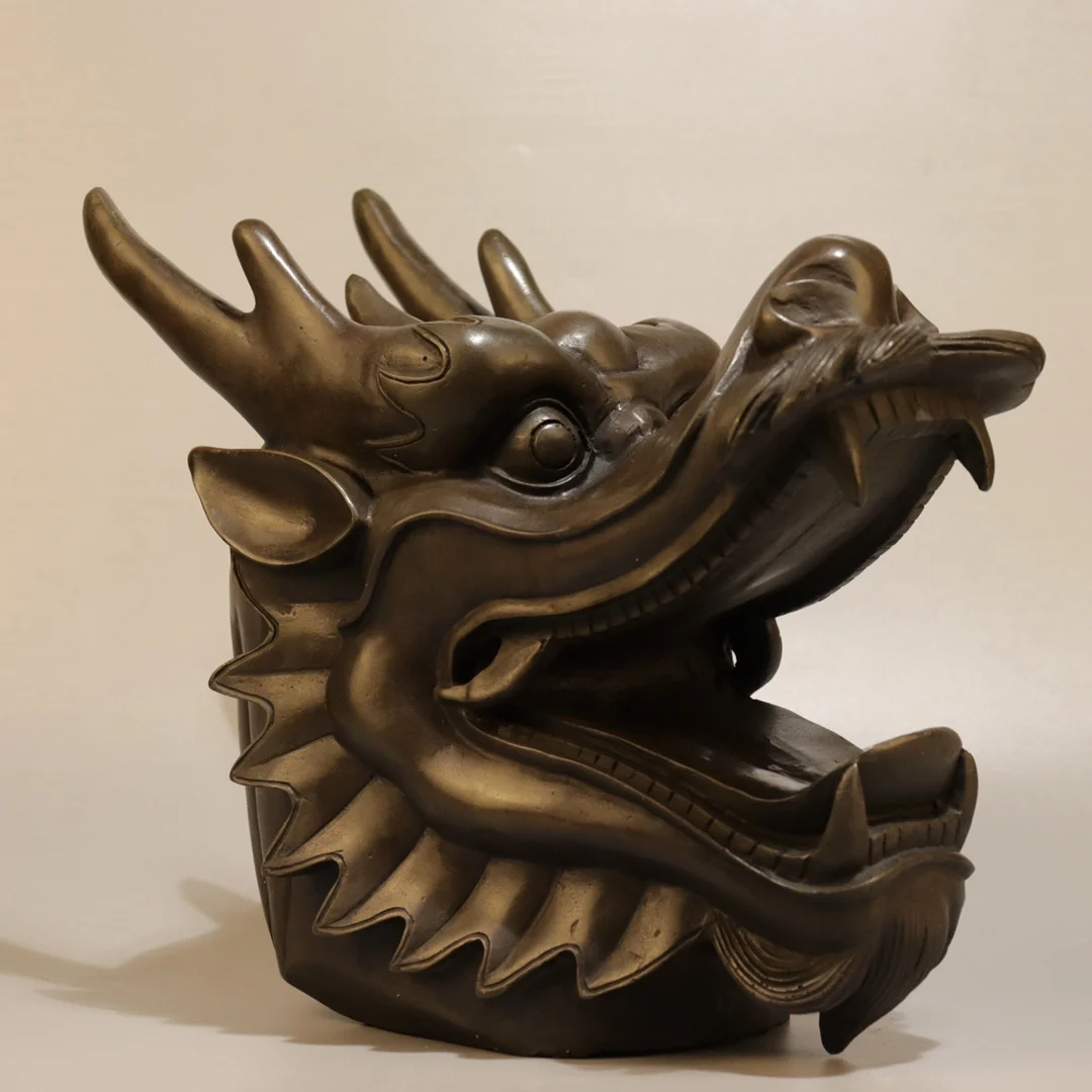 10"Tibetan Temple Collection Old Brass Chinese Loong Statue  Dragon Head Statue  Divine Beast Ornaments Town house Exorcism view 5