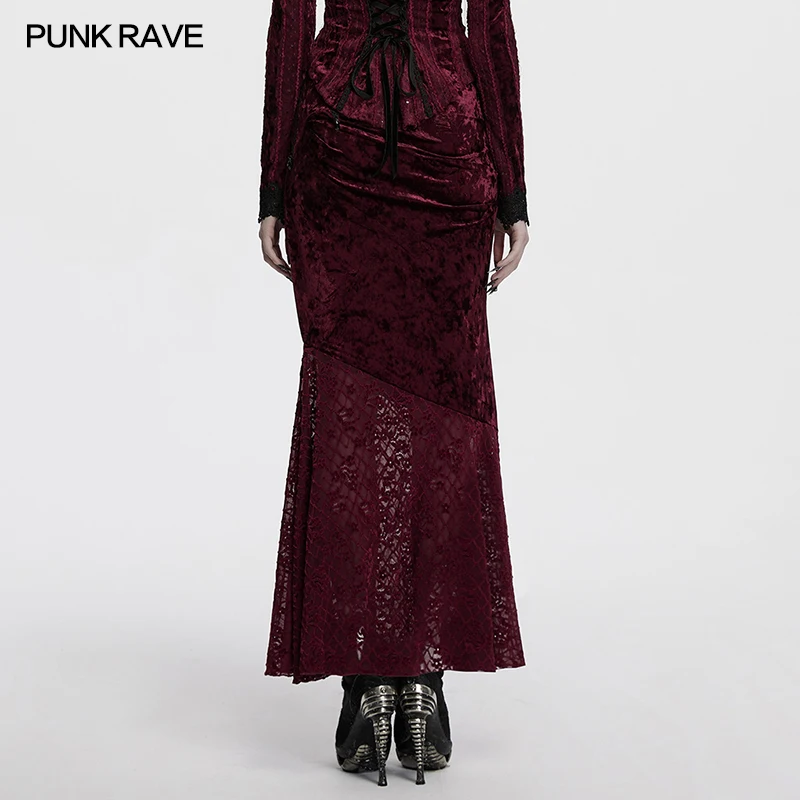 펑크 레이브 여성용 광택 벨벳 레이스 비대칭 뾰족한 우아한 피쉬테일 스커트 고귀한 미스터리 롱 스커트 여성 두 가지 색상