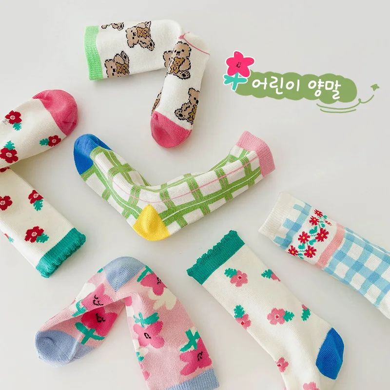 3Pairs Pack 1-8 Year 2024 spring and autumn new plaid tube socks cute girls flower socks