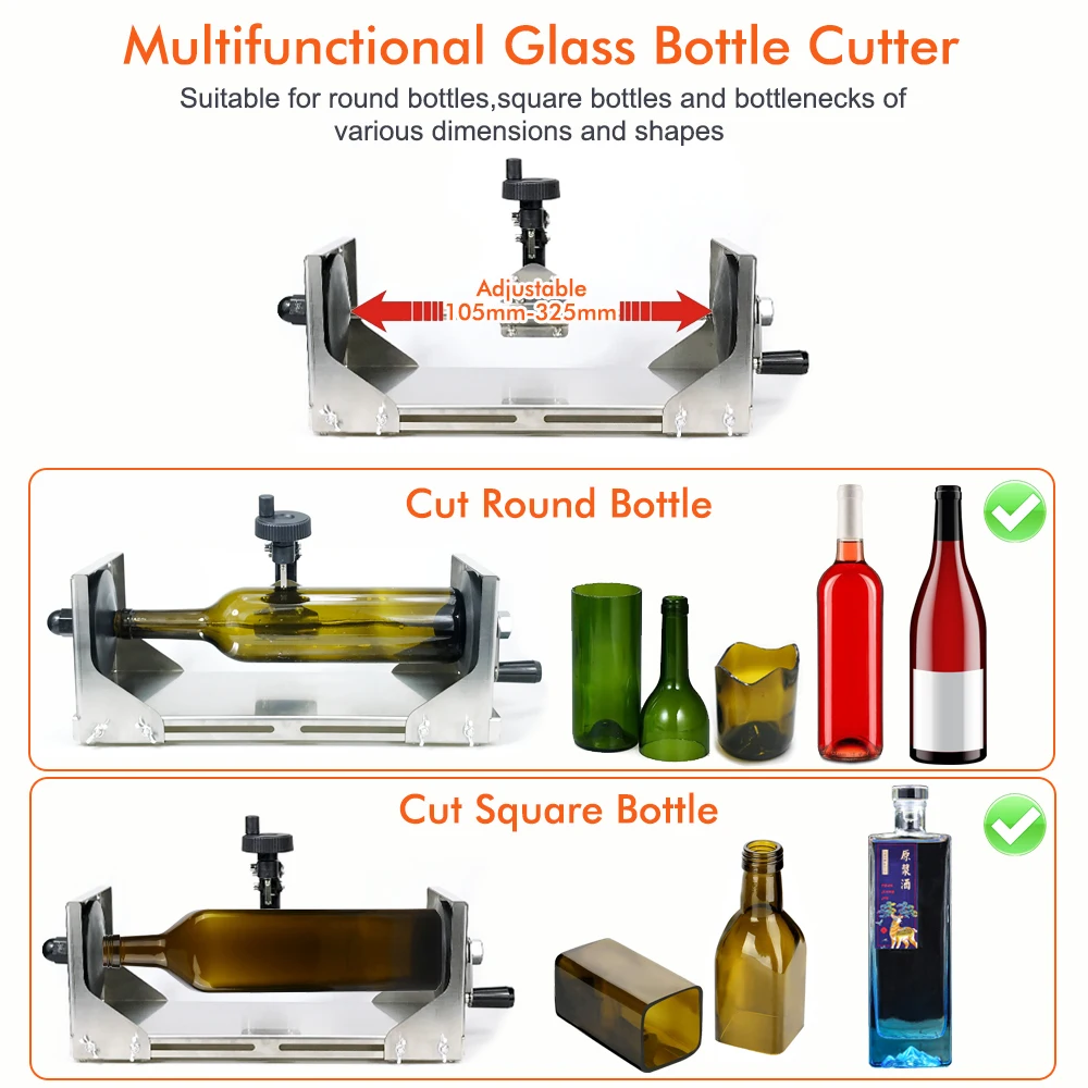 Kit de cortador de garrafa de vidro atualizado, ferramenta de diamante de roda manual para artesanato de garrafas de vinho quadradas redondas, com acessórios e guia, ferramentas diy