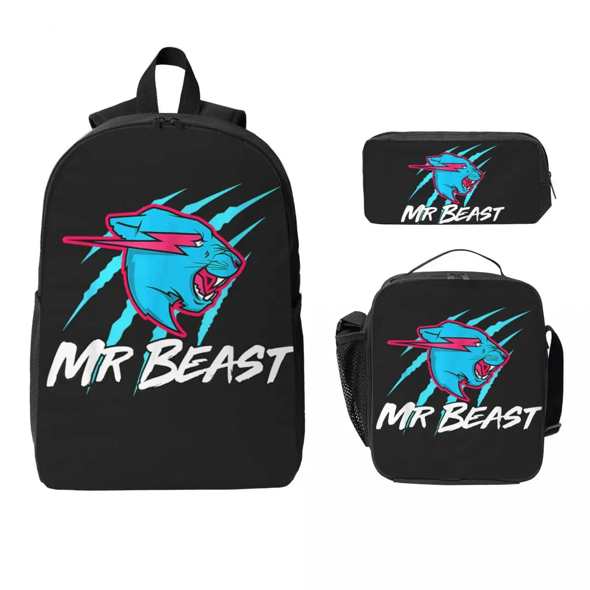 3 Stuks Mr Beasts Schooltassen Set Voor Kinderen Gaming Beasts Stijl Pennenbakjes Rugzak Sets Met Lunchbox Voor studenten Knapzak