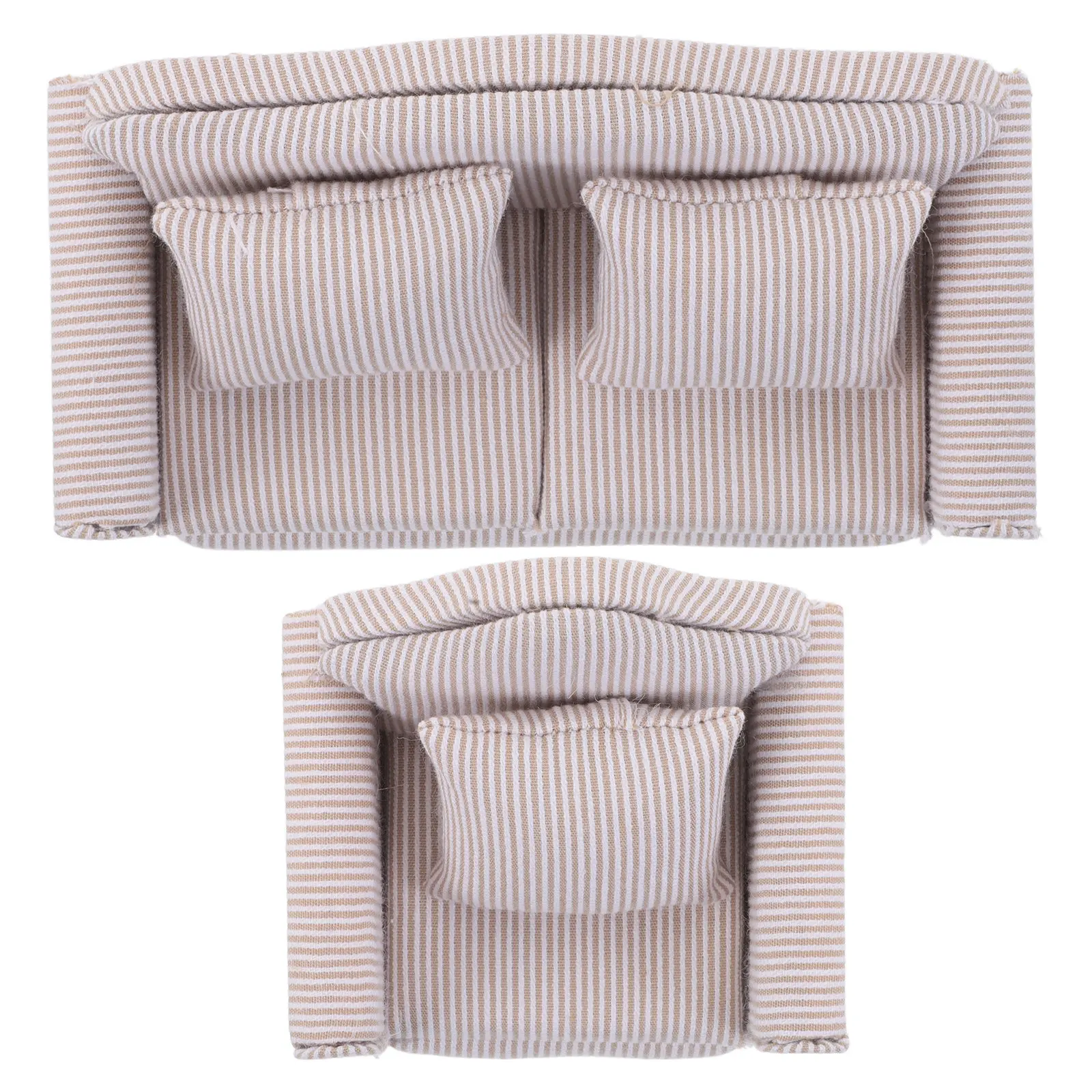 Miniature Dollhouse Sofa Armchair Set 2Pcs Pink Fabric Upholstered Wooden Living Room Furniture with Pillows