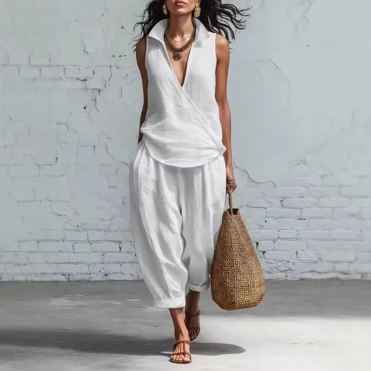 

Summer Casual Sleeveless Women T-Shirt Vest Loose Wide Leg Pants Suit Women Fashion Beach Holiday Two Piece Set Streetwear Set