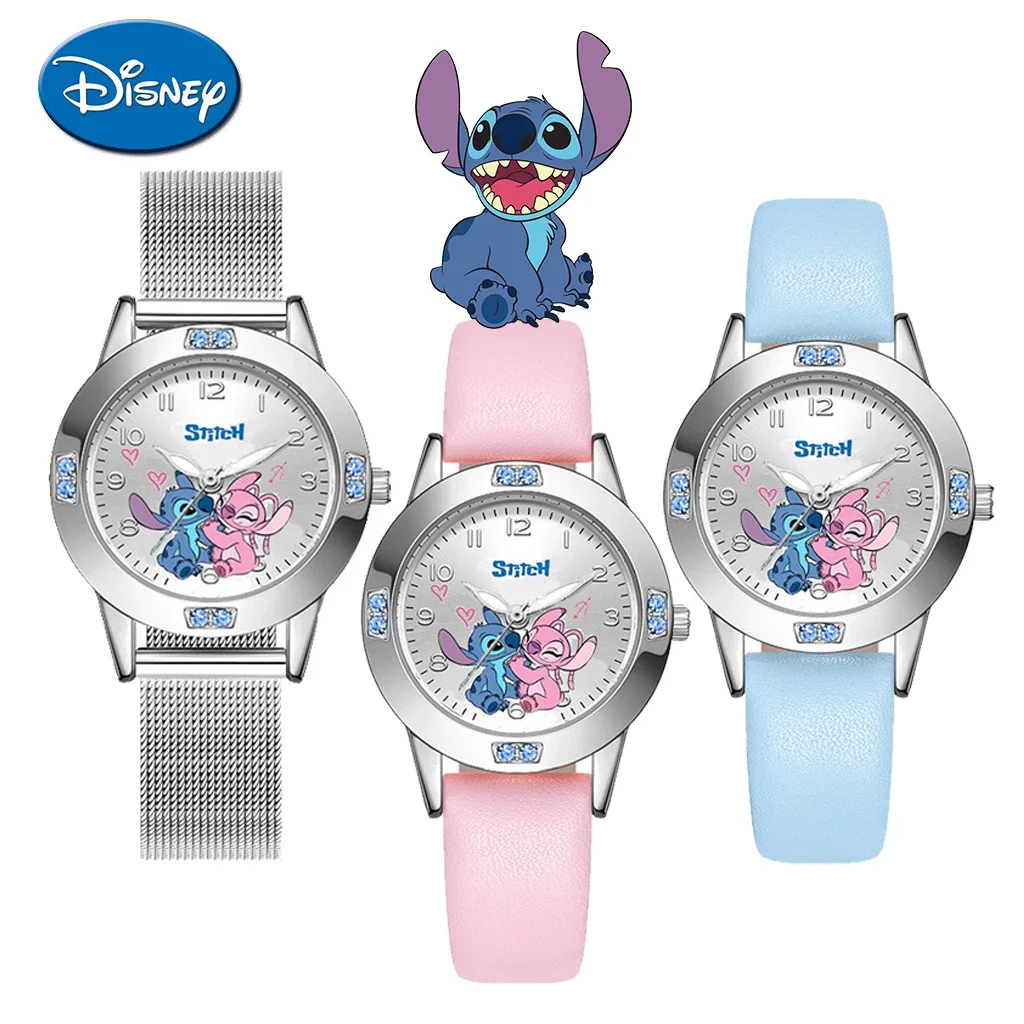 Disney Stitch Girl\'s Watches Diamond Quartz Watch for Women Stich Cartoon Leather Wristwatches Fashion Steel Belt Watch Gift